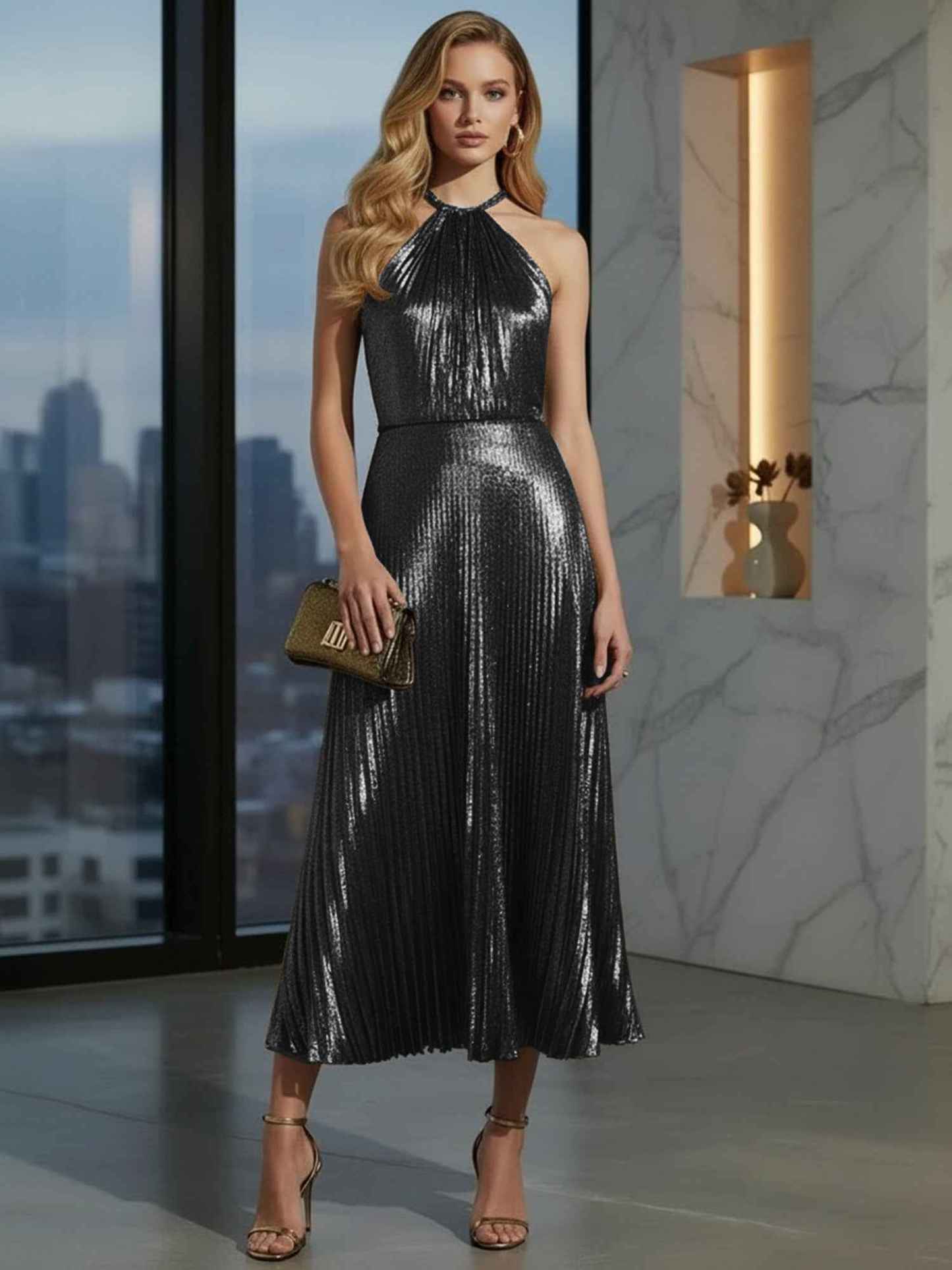 Luxurious Champagne-Gold Pleated Halter Midi Prom Dress