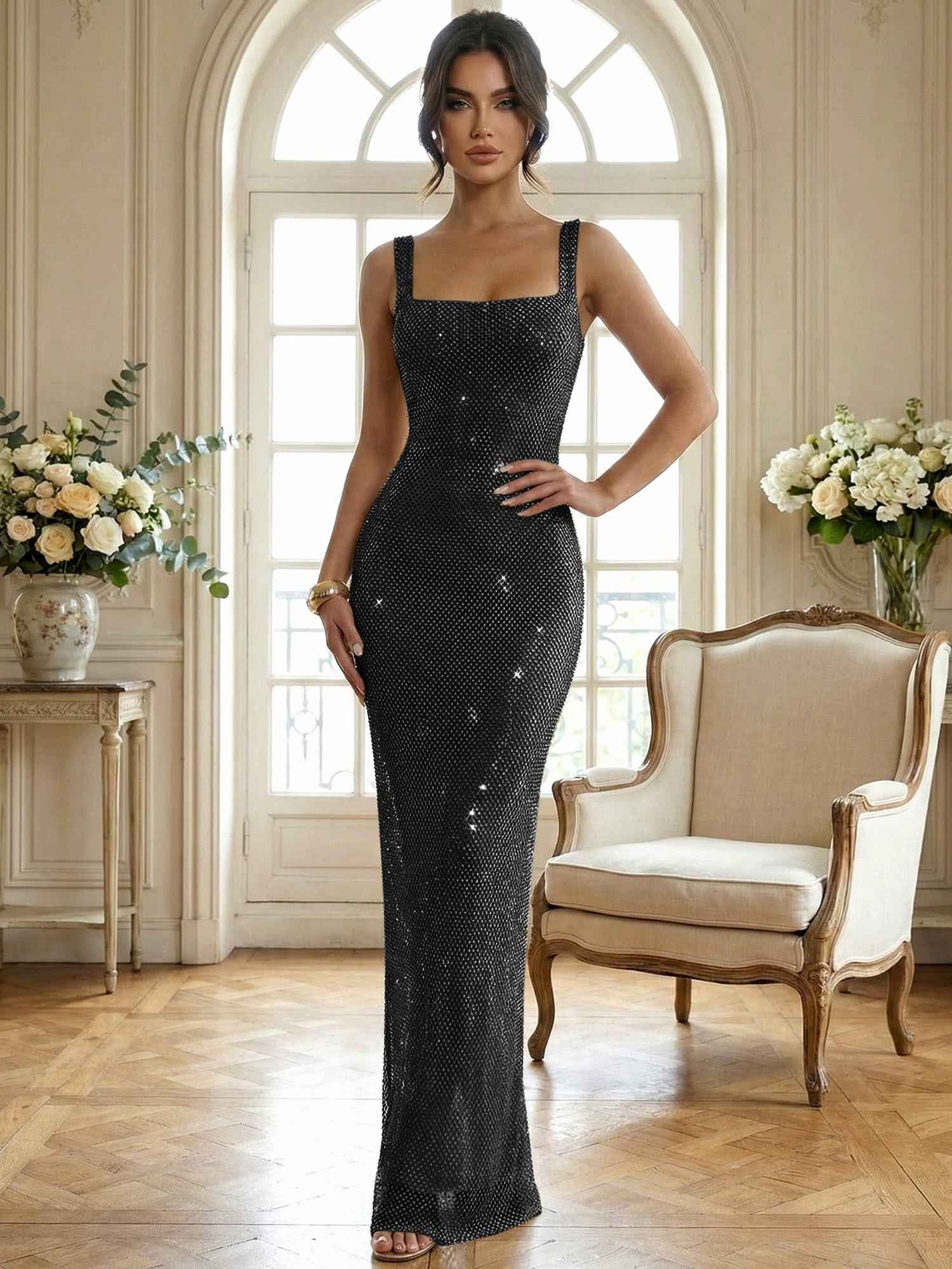 Sparkly Champagne Crystal Mesh Square Neck Long Prom Dress
