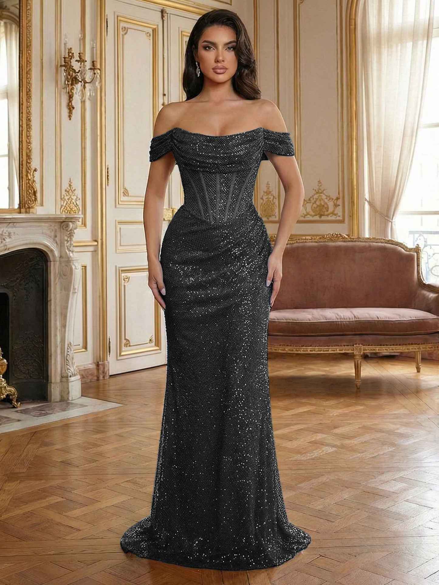 Red Off-The-Shoulder Sequined Corset Mermaid Long Prom Dress