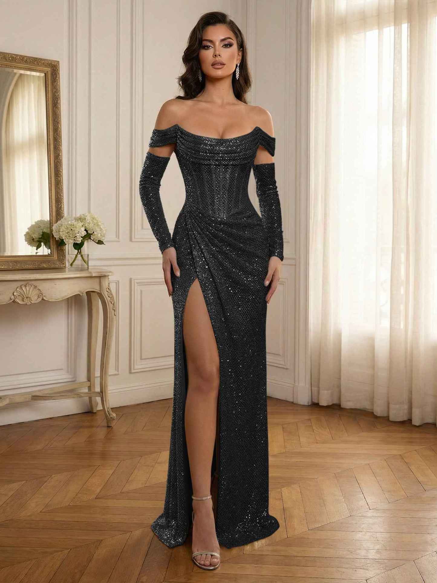 Silver Sequin Off-the-Shoulder Long Sleeves Corset Prom Dress with Slit