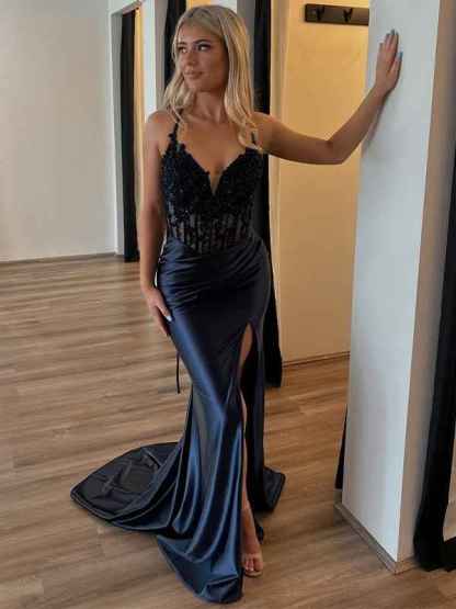 Black Mermaid Satin Spaghetti Straps Long Prom Dress with Appliques