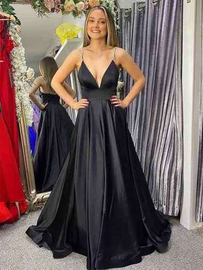 Black A Line  Deep V Neck Satin Long Prom Dress