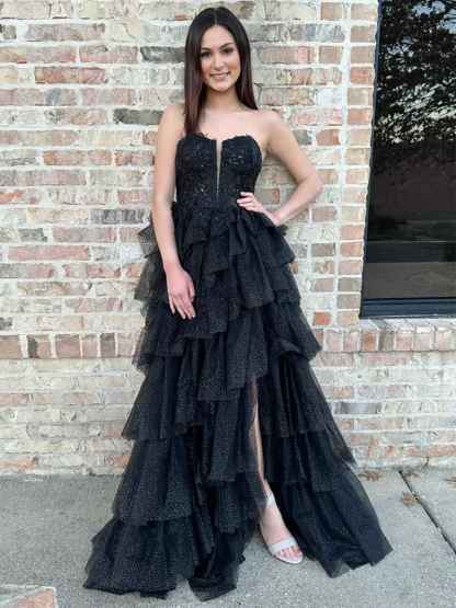 Black A Line Strapless Tiered Tulle Long Prom Dress with Appliques