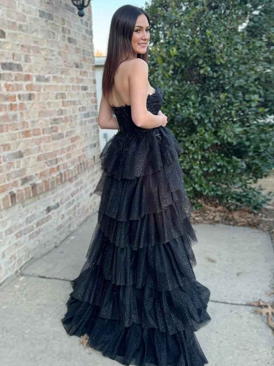 Black A Line Strapless Tiered Tulle Long Prom Dress with Appliques