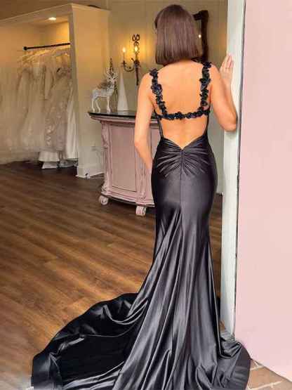 Red Mermaid Flowers Straps Long Prom Dress with Slit