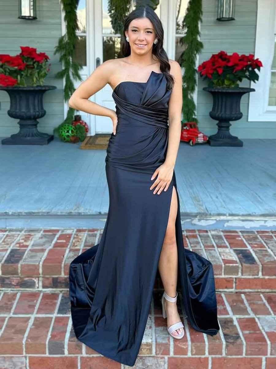 Sage Mermaid Pleats Strapless Long Prom Dress with Slit