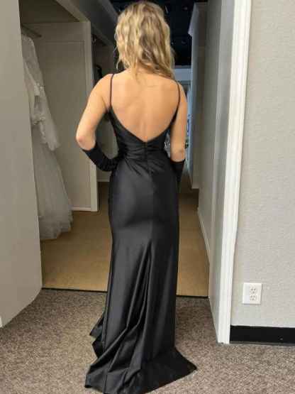 Black Mermaid Spaghetti Straps Satin Pleated Long Prom Dress with Slit