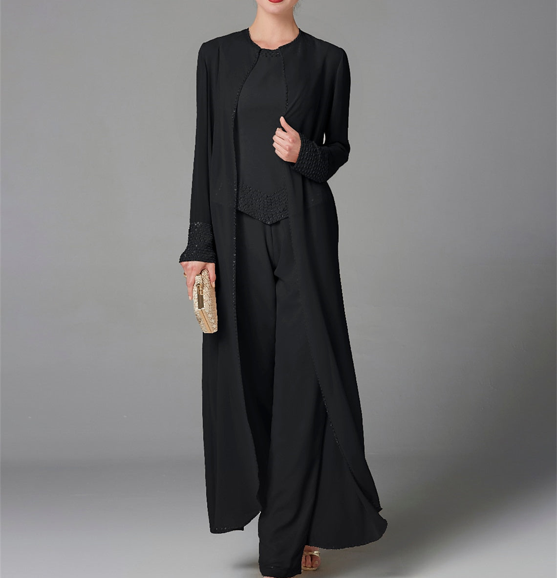 Long-Sleeve Chiffon Pantsuit with Jacket and Sequins for the Mother of the Bride