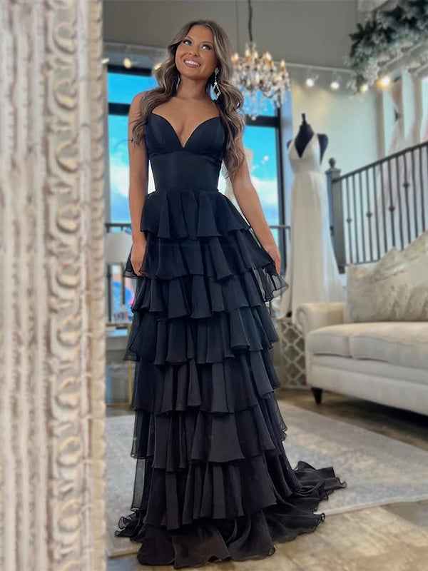 Black A-Line Spaghetti Straps Long Tierede Tulle Prom Dress With Slit