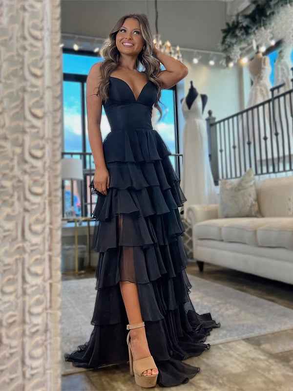Black A-Line Spaghetti Straps Long Tierede Tulle Prom Dress With Slit