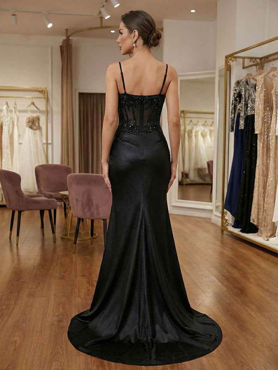 Black Beaded Corset Satin Long Prom Dress with High Slit