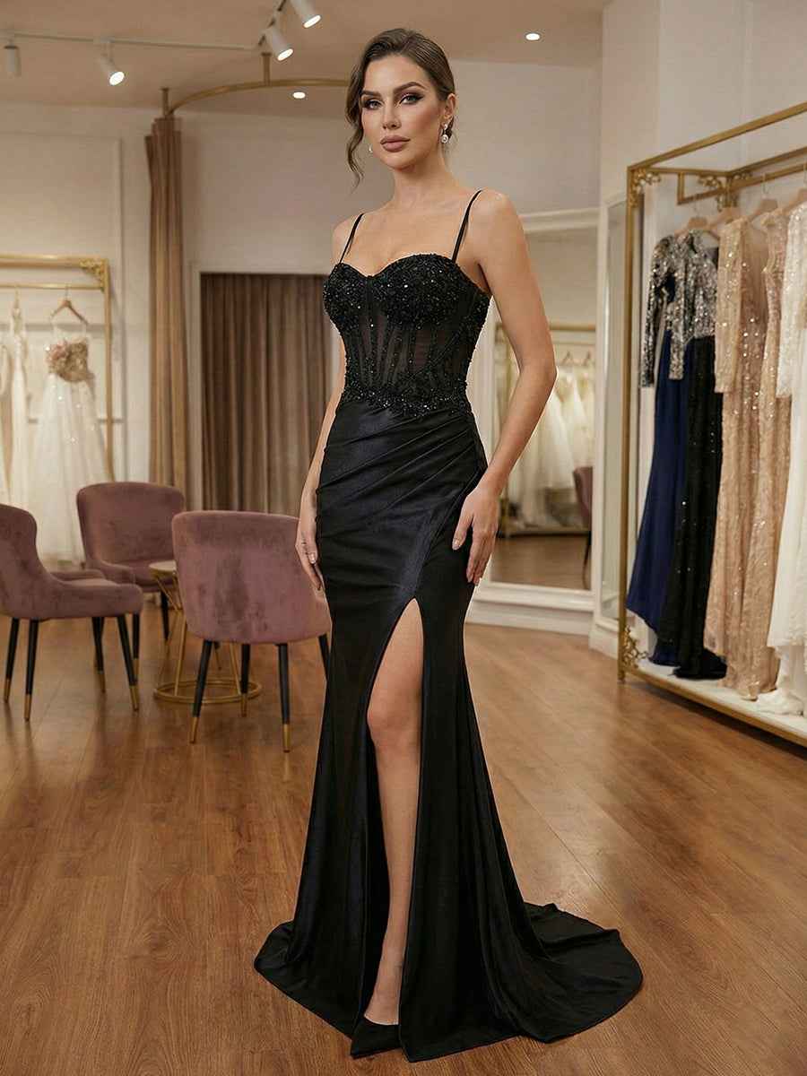 Black Beaded Corset Satin Long Prom Dress with High Slit