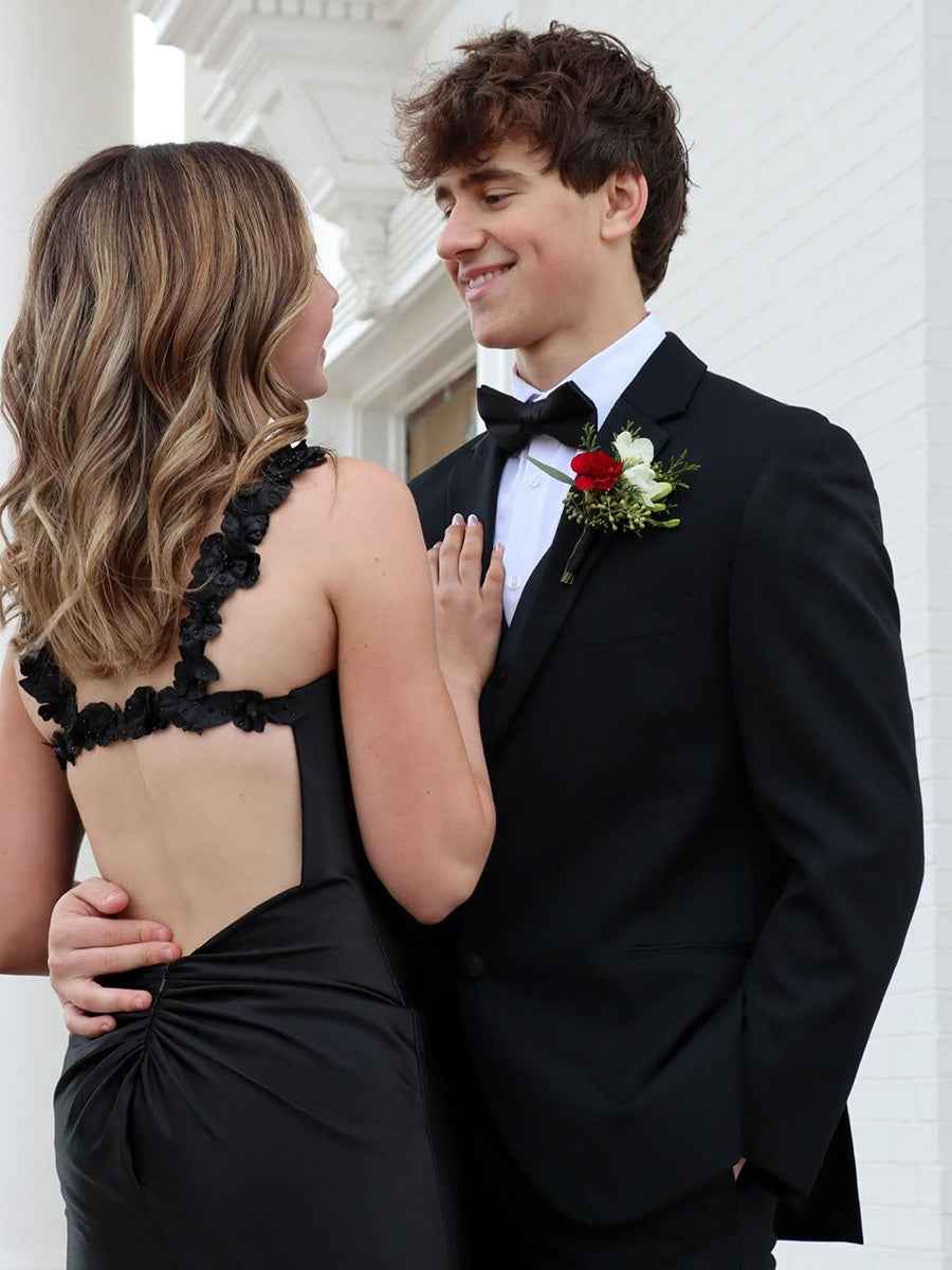 Black Mermaid Flowers Straps Long Prom Dress with Slit