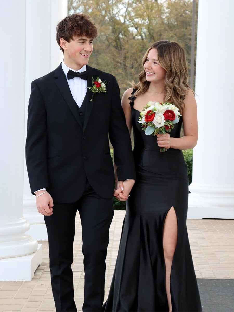 Black Mermaid Flowers Straps Long Prom Dress with Slit