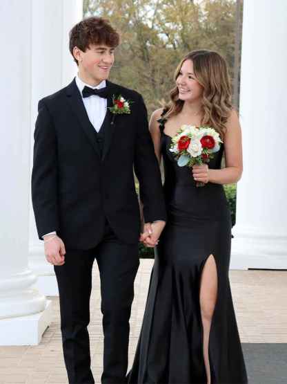 Black Mermaid Flowers Straps Long Prom Dress with Slit