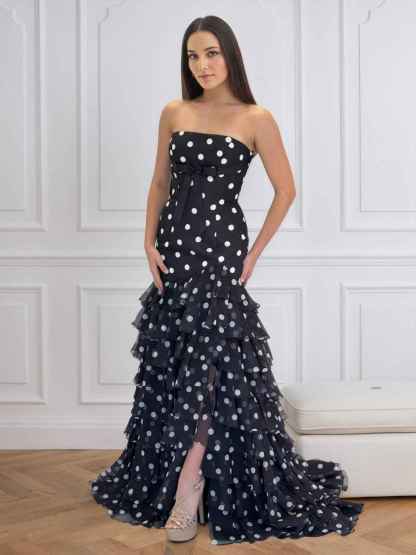 Black Polka Dot StraplessTiered Ruffles Mermaid Prom Dress