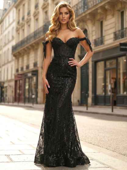 Black Sequin Sweetheart Mermaid Prom Dress with Romantic Bow Accents