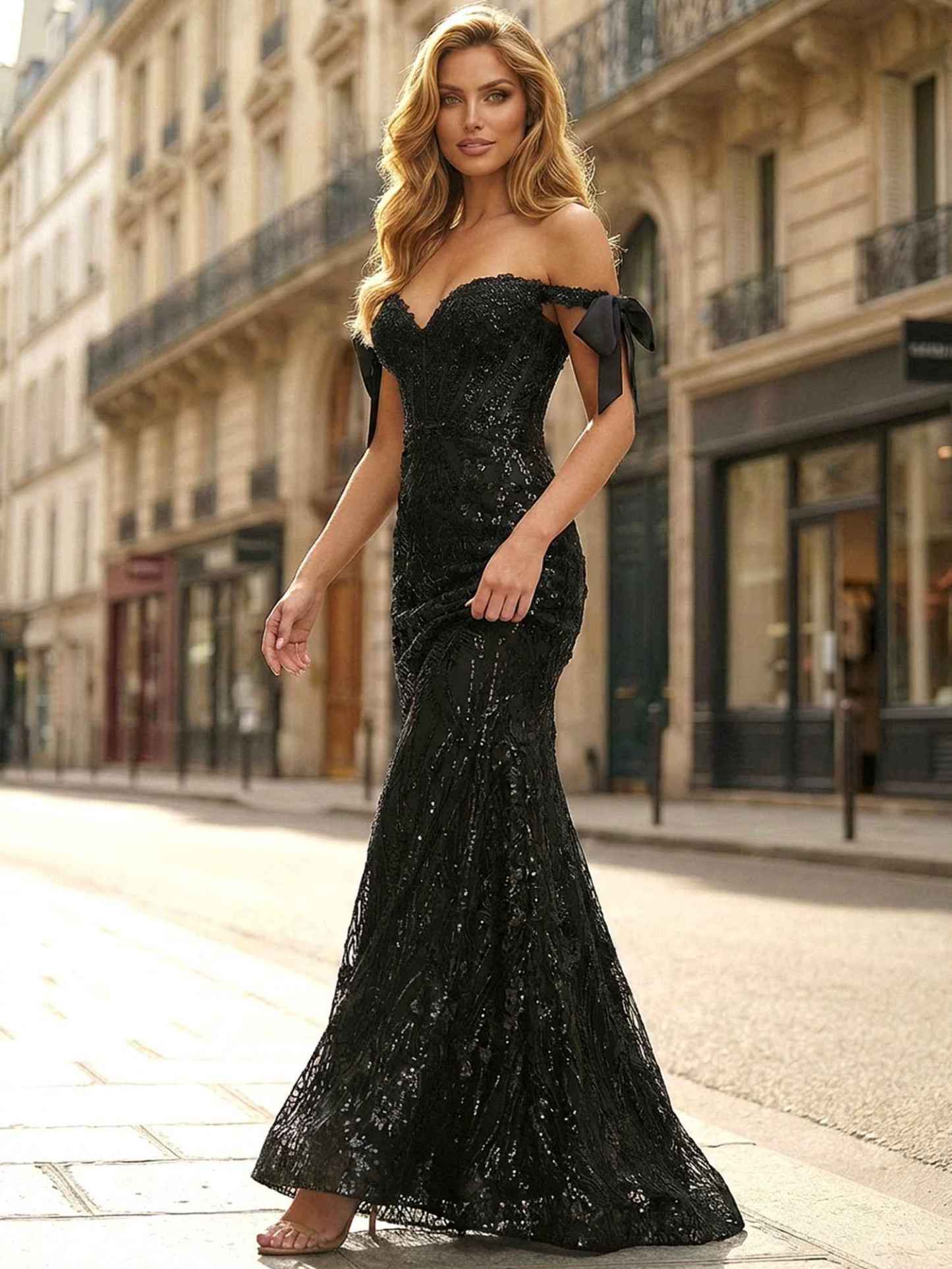 Black Sequin Sweetheart Mermaid Prom Dress with Romantic Bow Accents
