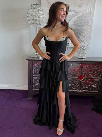 Black Strapless Tiered Ruffles Corset Prom Dress with Slit