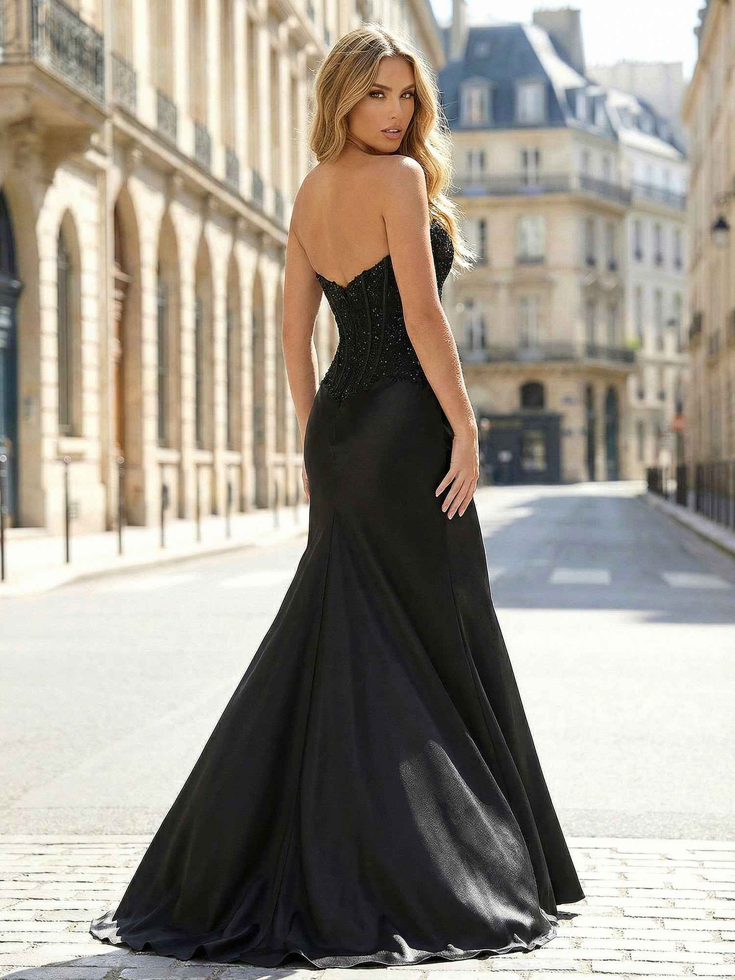 Black Sweetheart Prom Dress with Beaded Corset Bodice and Satin Skirt