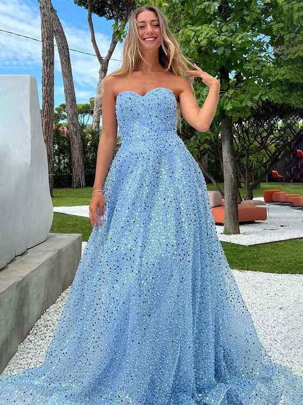 Sparkly Blue A-Line Strapless Sweetheart Sequins Long Prom Dress