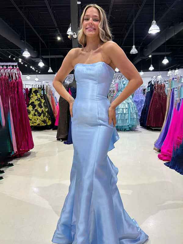 Blue Mermaid Satin Strapless Long Prom Dress with Ruffle Train