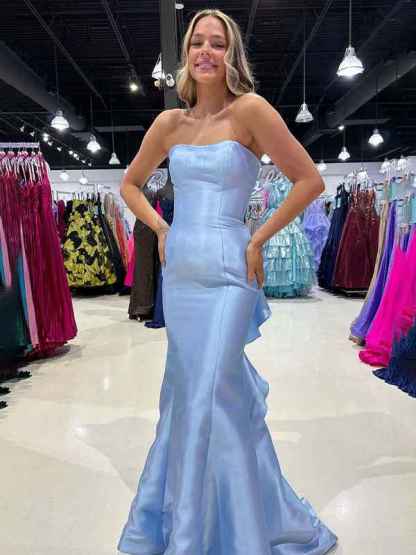 Blue Mermaid Satin Strapless Long Prom Dress with Ruffle Train