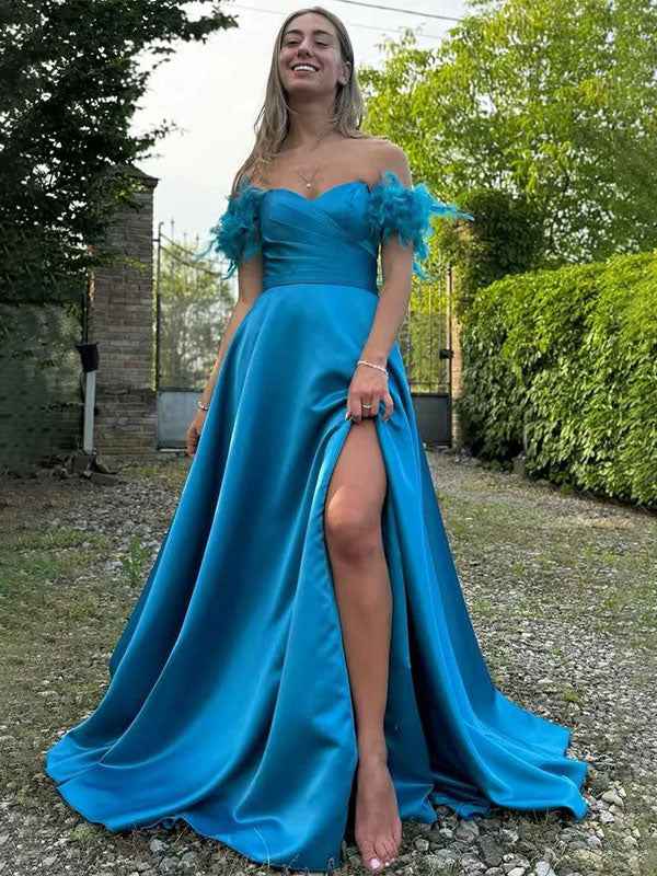 Blue A-Line Off The Shoulder Sweetheart Satin Long Prom Dress with Feather