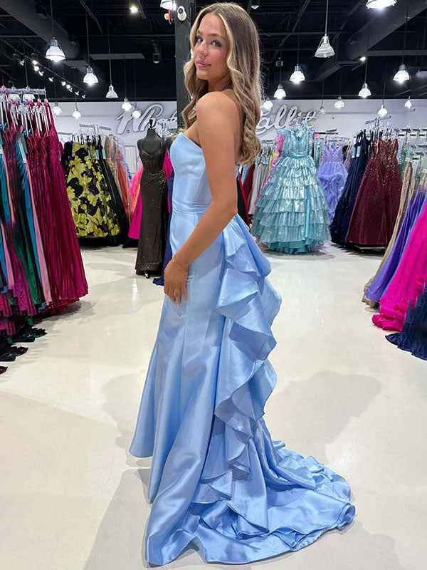 Blue Mermaid Satin Strapless Long Prom Dress with Ruffle Train