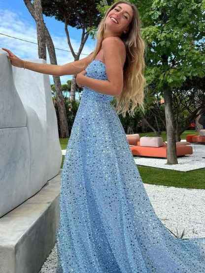 Sparkly Blue A-Line Strapless Sweetheart Sequins Long Prom Dress