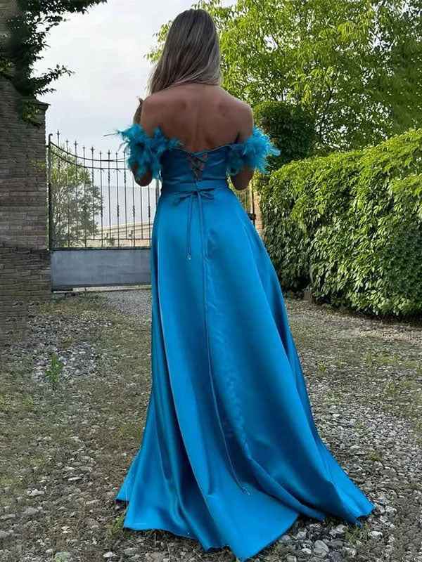 Blue A-Line Off The Shoulder Sweetheart Satin Long Prom Dress with Feather