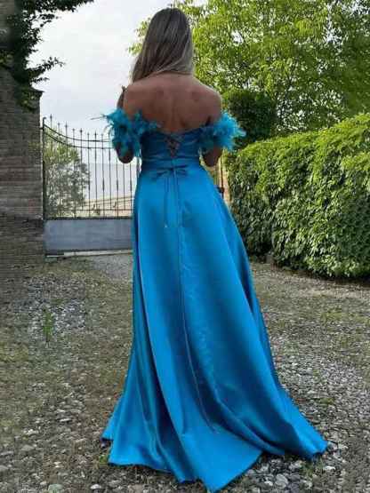Blue A-Line Off The Shoulder Sweetheart Satin Long Prom Dress with Feather