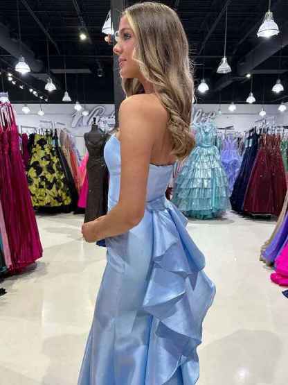 Blue Mermaid Satin Strapless Long Prom Dress with Ruffle Train