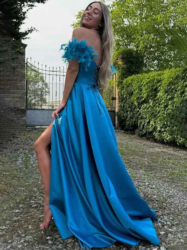 Blue A-Line Off The Shoulder Sweetheart Satin Long Prom Dress with Feather