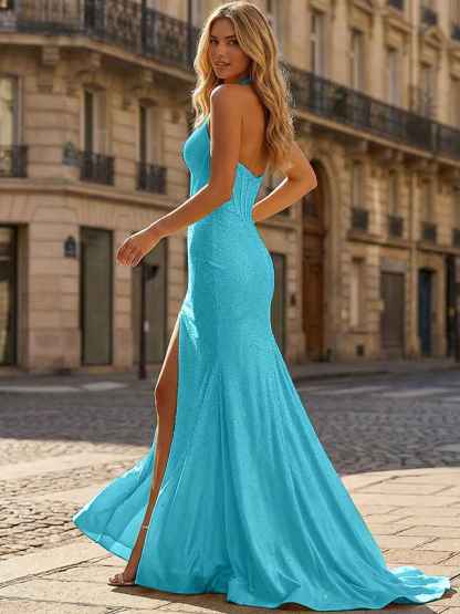 Yellow Beaded Halter Corset Prom Dress with High Slit