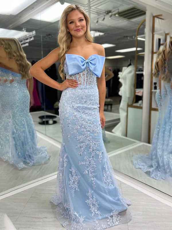 Blue Mermaid Strapless Lace Appliques Long Prom Dress with Bow