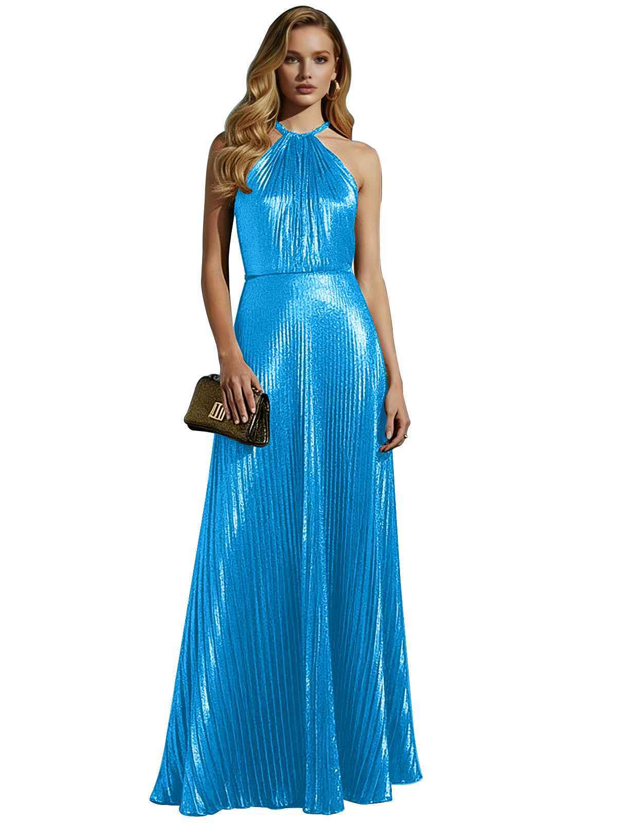 Luxurious Champagne-Gold Pleated Halter Long Prom Dress