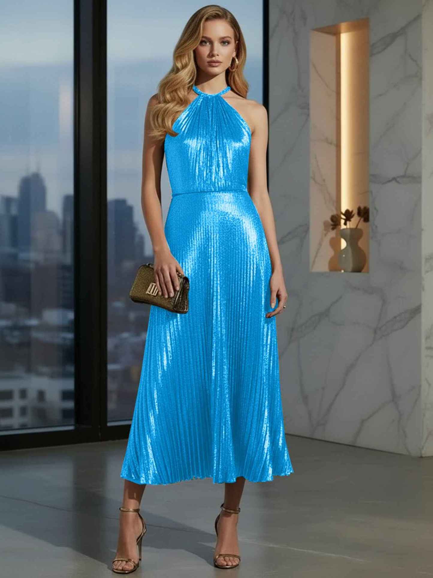 Luxurious Champagne-Gold Pleated Halter Midi Prom Dress