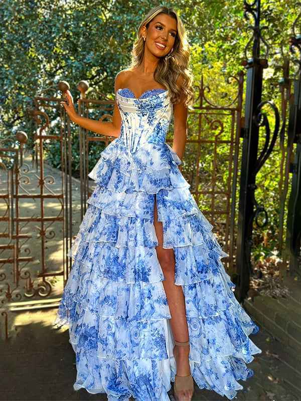 Pink A-Line Strapless Sweetheart Print Tiered Tulle Long Prom Dress with Slit