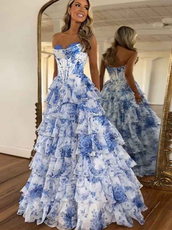 Pink A-Line Strapless Sweetheart Print Tiered Tulle Long Prom Dress with Slit