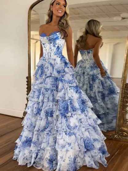 Pink A-Line Strapless Sweetheart Print Tiered Tulle Long Prom Dress with Slit