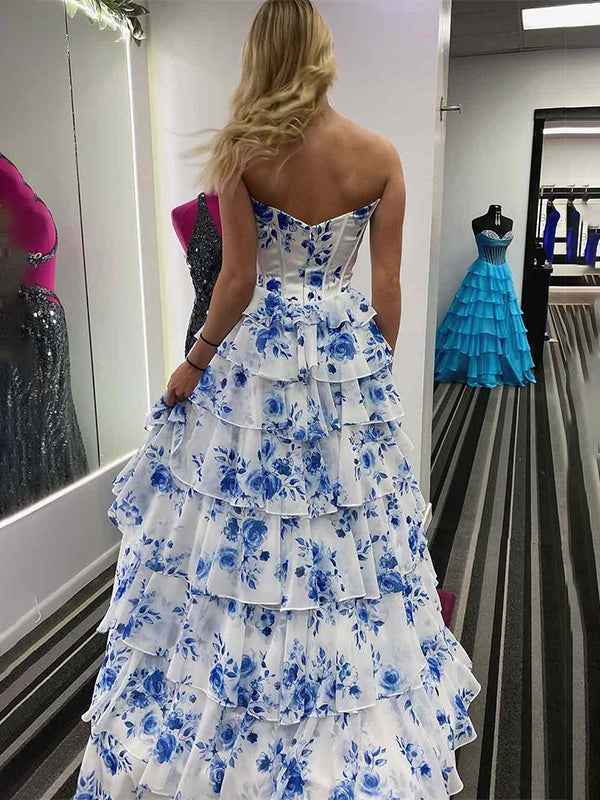 Blue A-Line Strapless V-Neck Tiered Printing Long Prom Dress
