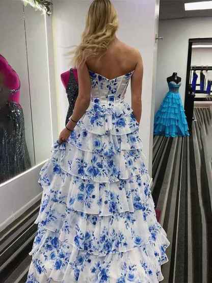 Blue A-Line Strapless V-Neck Tiered Printing Long Prom Dress