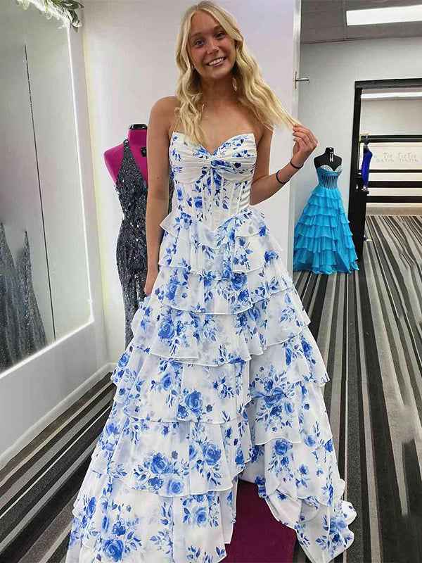 Blue A-Line Strapless V-Neck Tiered Printing Long Prom Dress