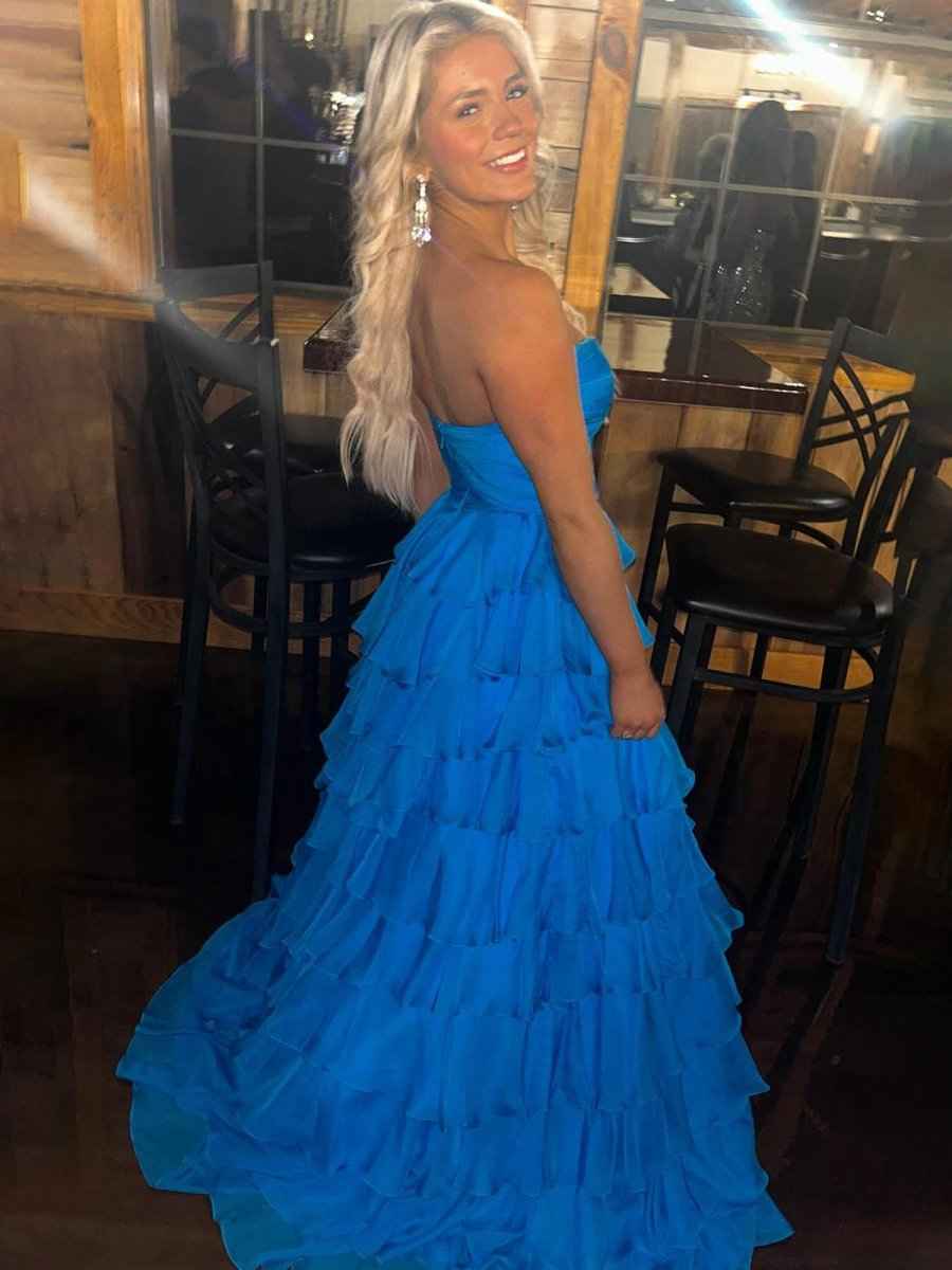 Blue A Line Sweetheart Strapless Chiffon Tiered Prom Dress