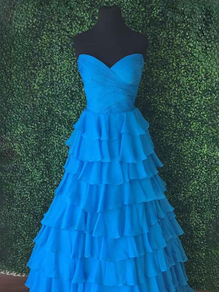 Blue A Line Sweetheart Strapless Chiffon Tiered Prom Dress