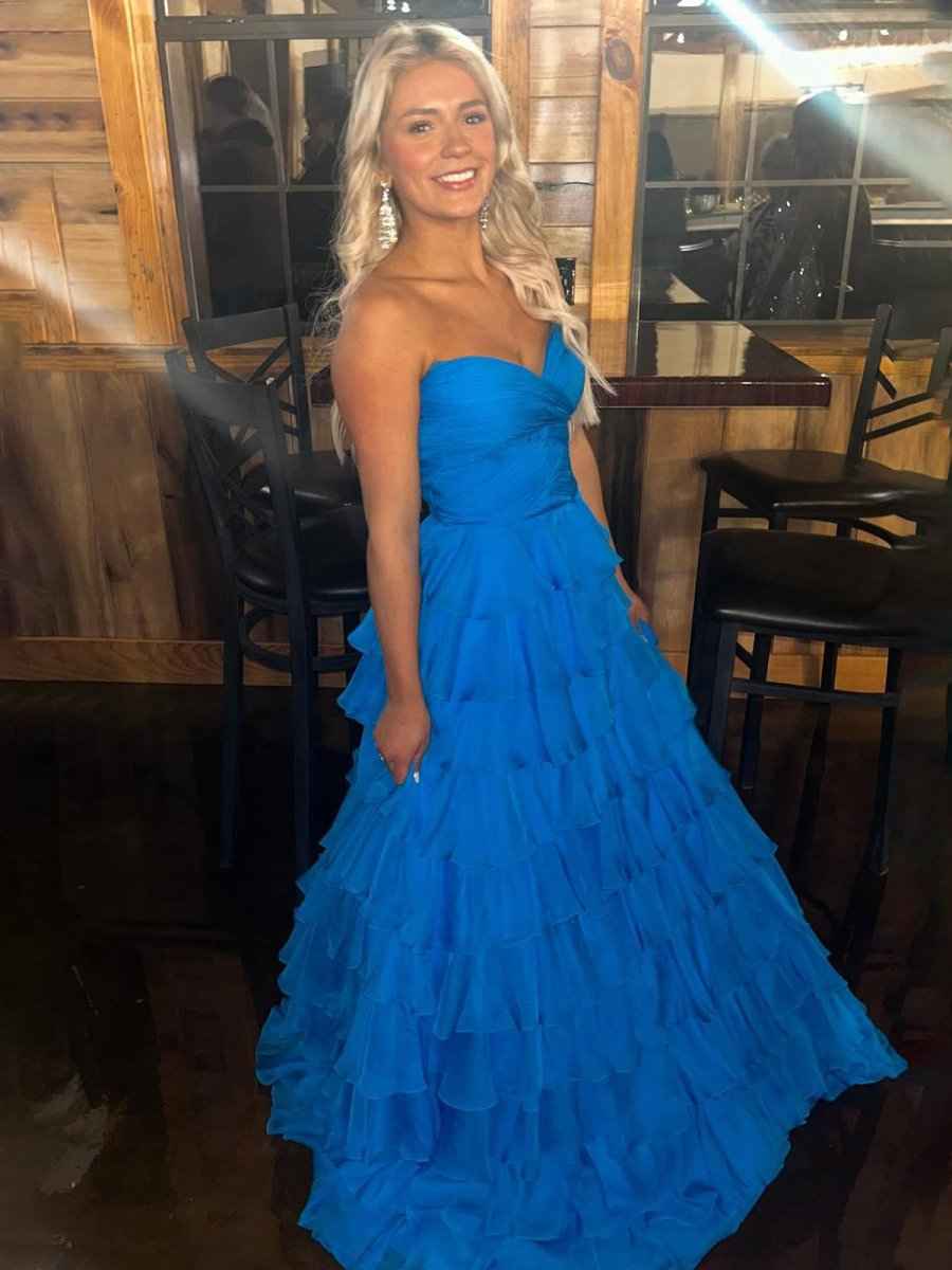 Blue A Line Sweetheart Strapless Chiffon Tiered Prom Dress