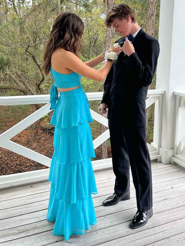 Blue A Line V-Neck Tiered Long Prom Dress with Cut-out