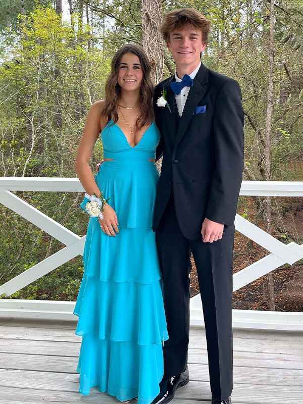 Blue A Line V-Neck Tiered Long Prom Dress with Cut-out