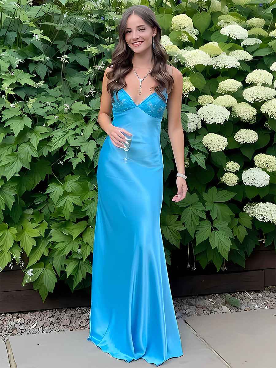 Blue A Line V-neck Beaded Back Tie Long Prom Dress